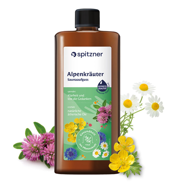 Flasche Saunaaufguss-Konzentrat Alpenkräuter mit Blüten