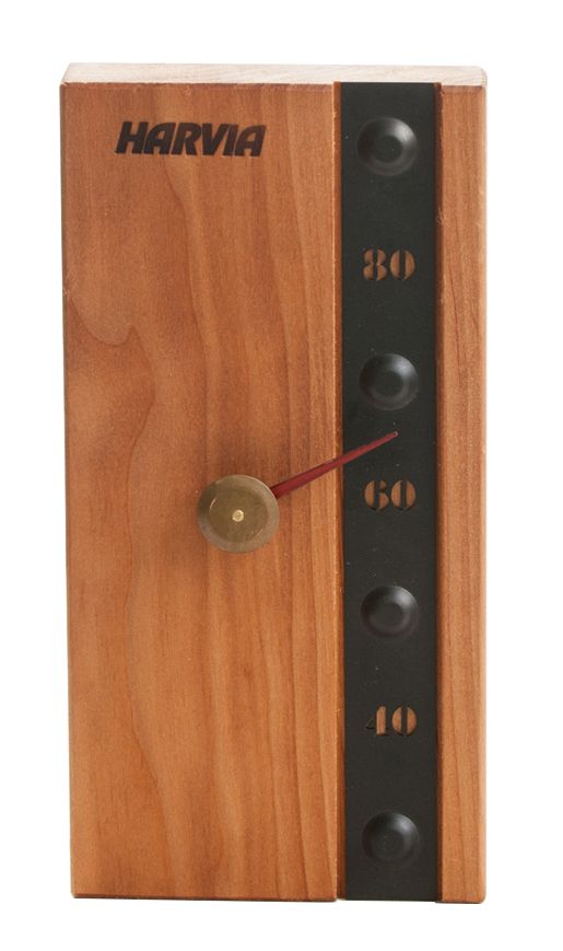 Saunathermometer aus Espenholz mit schwarzer Stahlleiste, Nietenköpfen und rotem Zeiger vor weißem Hintergrund