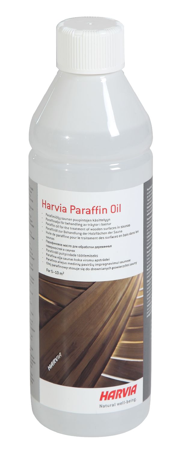 Flasche Harvia Paraffin Oil mit 500 ml Inhalt vor weißem Hintergrund