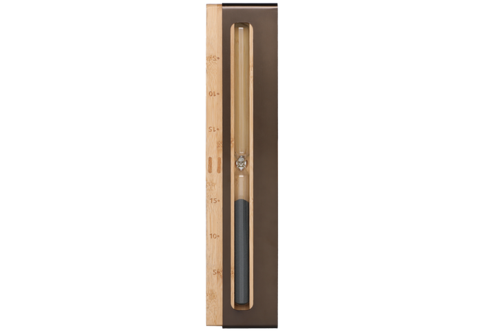 Sauna-Sanduhr mit Bambusrückwand, dunkler Aluminiumblende und Glasröhre mit grauem Sand
